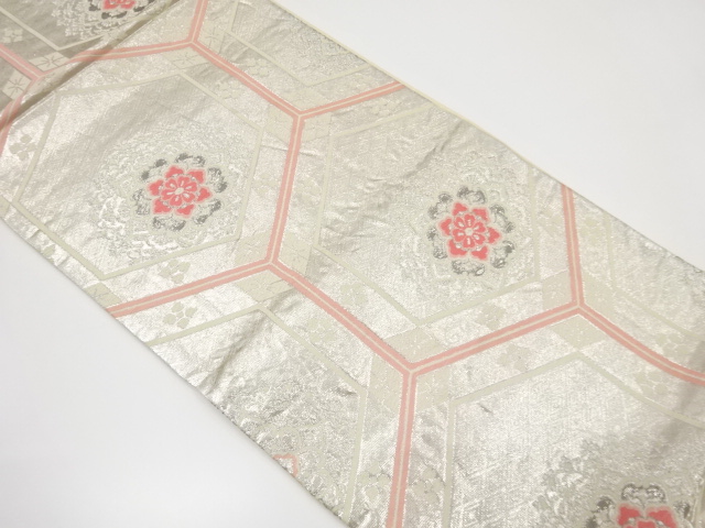 アンティーク　プラチナ二重箔　亀甲に華紋織り出し袋帯（材料）